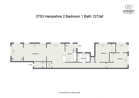 Floor plan for 2 beds, 1 bath, 1273 sqft